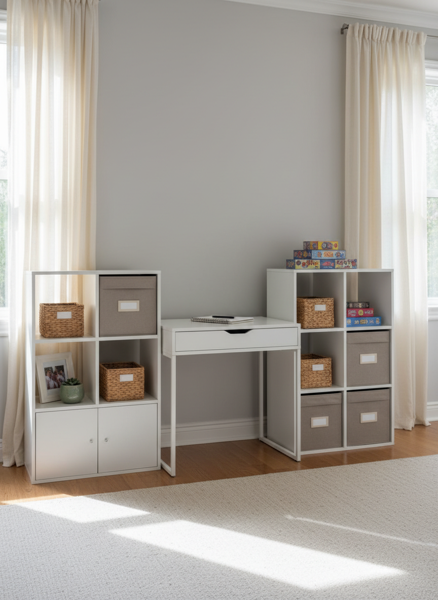 A multi-purpose room in a family home after a professional organizing session, arranged as a flexible space for work, hobbies, and storage. A simple white desk with a closed laptop and a single tidy notebook sits against the wall, flanked by modular shelving units containing labeled, closed boxes with blank fronts, woven baskets, and a few neatly stacked board-game style boxes. A low cabinet hides additional storage, keeping surfaces mostly clear. Soft afternoon light filters through sheer curtains, creating a gentle, diffused brightness with mild shadows. Photographic realism, shot from a slightly wide, eye-level perspective to show the entire room. The mood is balanced and hopeful, demonstrating that even small, busy households can achieve organized, clutter-controlled spaces.