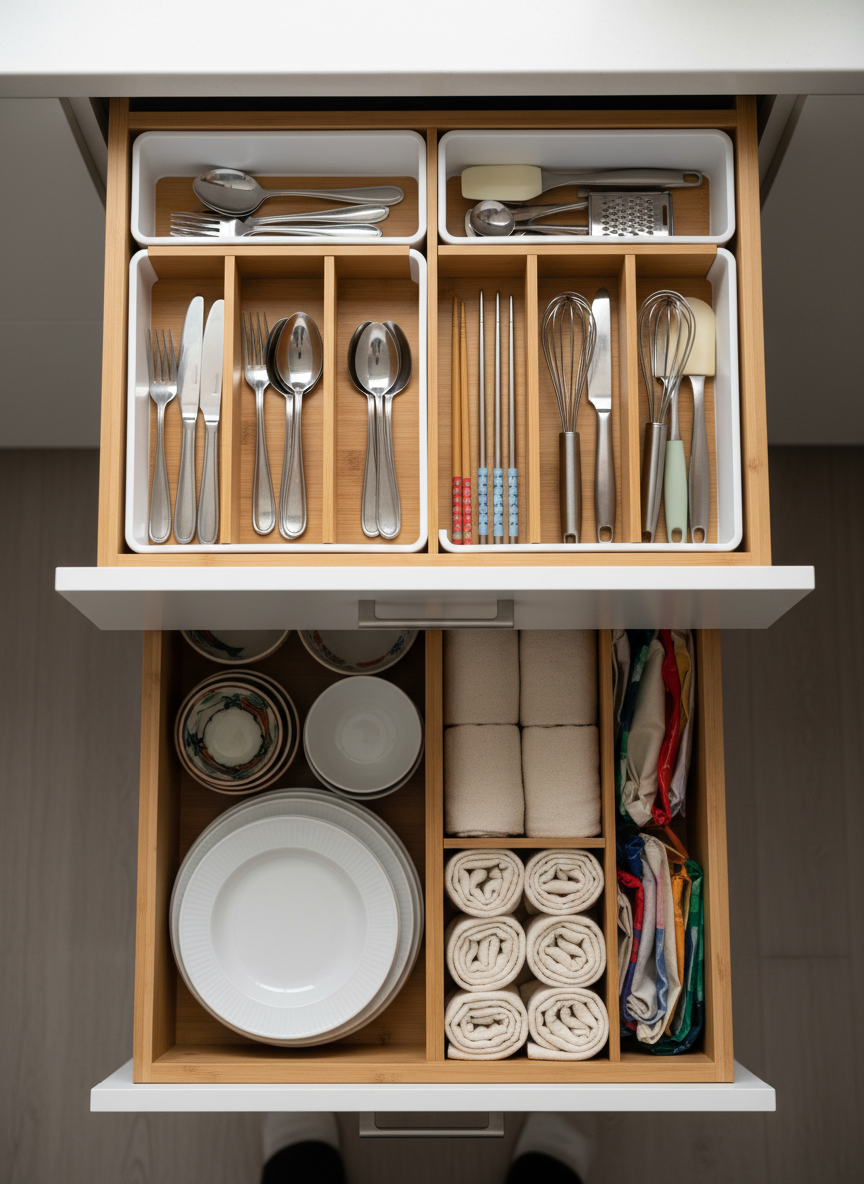 An overhead, bird’s-eye photographic view of a freshly organized kitchen drawer system in a compact urban home. Bamboo and white plastic dividers create neat sections for utensils, chopsticks, reusable straws, and small kitchen tools, each area clearly defined yet without any text. Adjacent drawers reveal neatly stacked plates and bowls, and a shallow drawer with rolled dish towels and reusable bags. Soft, even natural light from a nearby window illuminates the wood grain and smooth surfaces, casting minimal shadows. The mood is calm and efficient, emphasizing everyday practicality. The composition is centered, with sharp focus and clean lines, showcasing a realistic, multilingual household kitchen made serene through professional organizing.