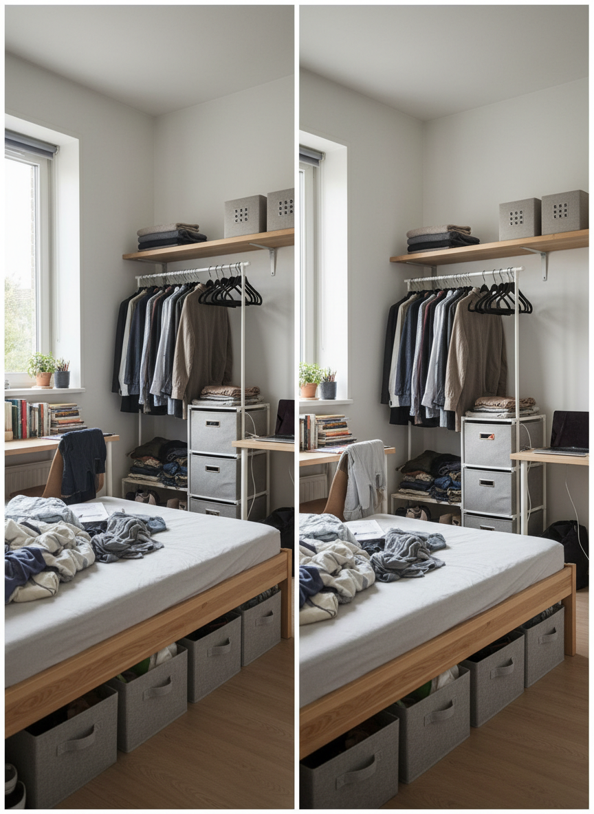 A split-view photographic image of the same small apartment bedroom, left side subtly cluttered and right side professionally organized, showing the realistic improvement of space. On the organized side, under-bed storage boxes slide smoothly under a simple wooden bed, a compact wardrobe has evenly spaced hangers and fabric bins, and a narrow shelf holds a limited number of folded clothes and storage cubes. Soft diffused daylight from a side window illuminates both halves evenly, with gentle shadows creating depth. Shot from a slightly elevated angle, maintaining a respectful, non-judgmental mood. The overall aesthetic is clean, modern, and practical, emphasizing an authentic, achievable transformation.