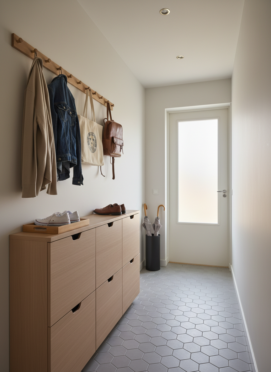 A narrow entryway of an apartment transformed by professional organizing, captured in photographic realism. A slim, light-wood shoe cabinet with closed doors lines one wall, with a few pairs of shoes aligned neatly on a shallow tray and a compact umbrella stand beside it. Wall-mounted hooks support a small number of coats and bags, evenly spaced and not overcrowded. Warm overhead lighting combined with faint natural light from a half-glass door creates a welcoming glow and soft shadows on the floor tiles. Shot from an eye-level angle down the hallway, using the rule of thirds to emphasize depth. The atmosphere is inviting and achievable, suggesting an orderly daily routine without any visible people or written language.