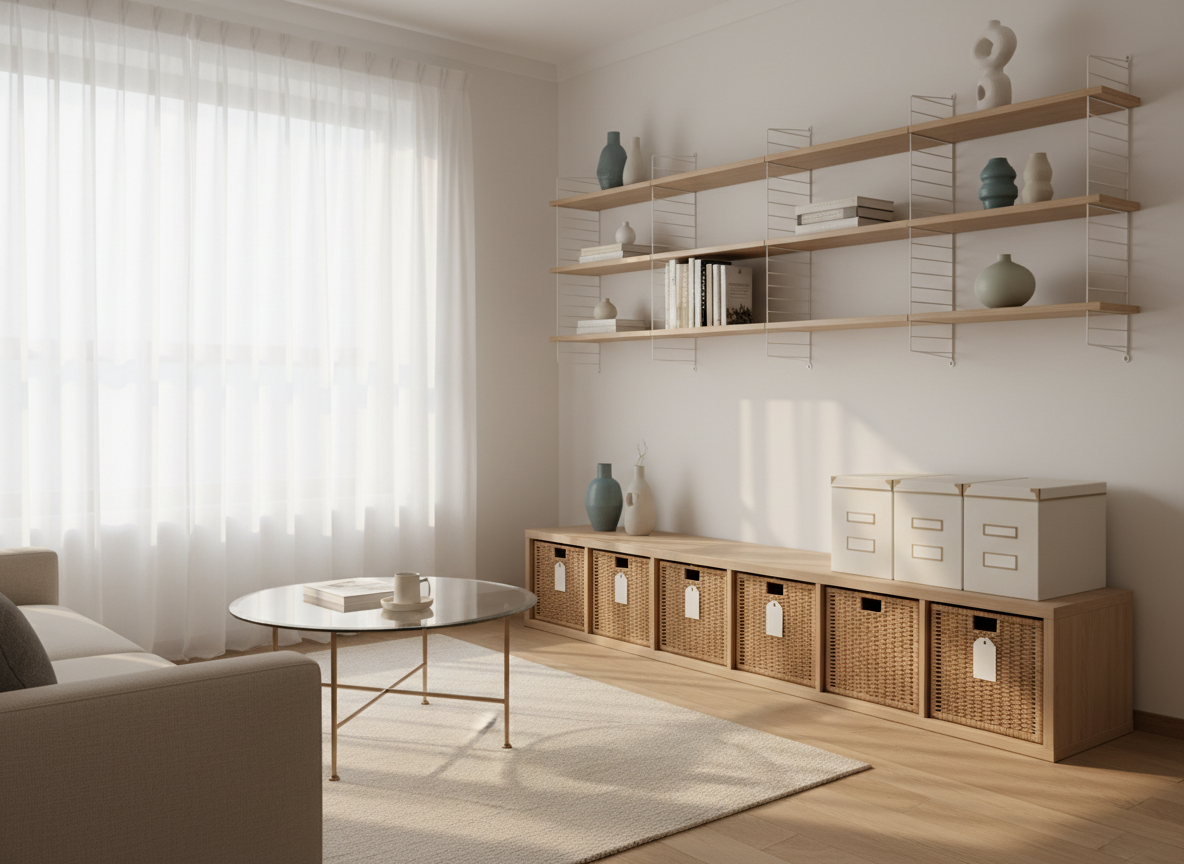 A bright, tidy living room after a professional home organizing session, featuring a low wooden TV console with neatly aligned storage baskets and labeled, closed boxes without visible text. Shelving units hold a few carefully arranged books and decor, leaving generous empty space. Soft morning light pours through a large window with sheer curtains, creating gentle highlights on smooth surfaces and subtle shadows under furniture. Photographic realism, eye-level composition with sharp focus throughout, conveying a calm, achievable transformation. The color palette is light neutrals with a few muted accent tones, suggesting a multilingual family home without any visible language or characters, and an atmosphere of calm order and everyday comfort.